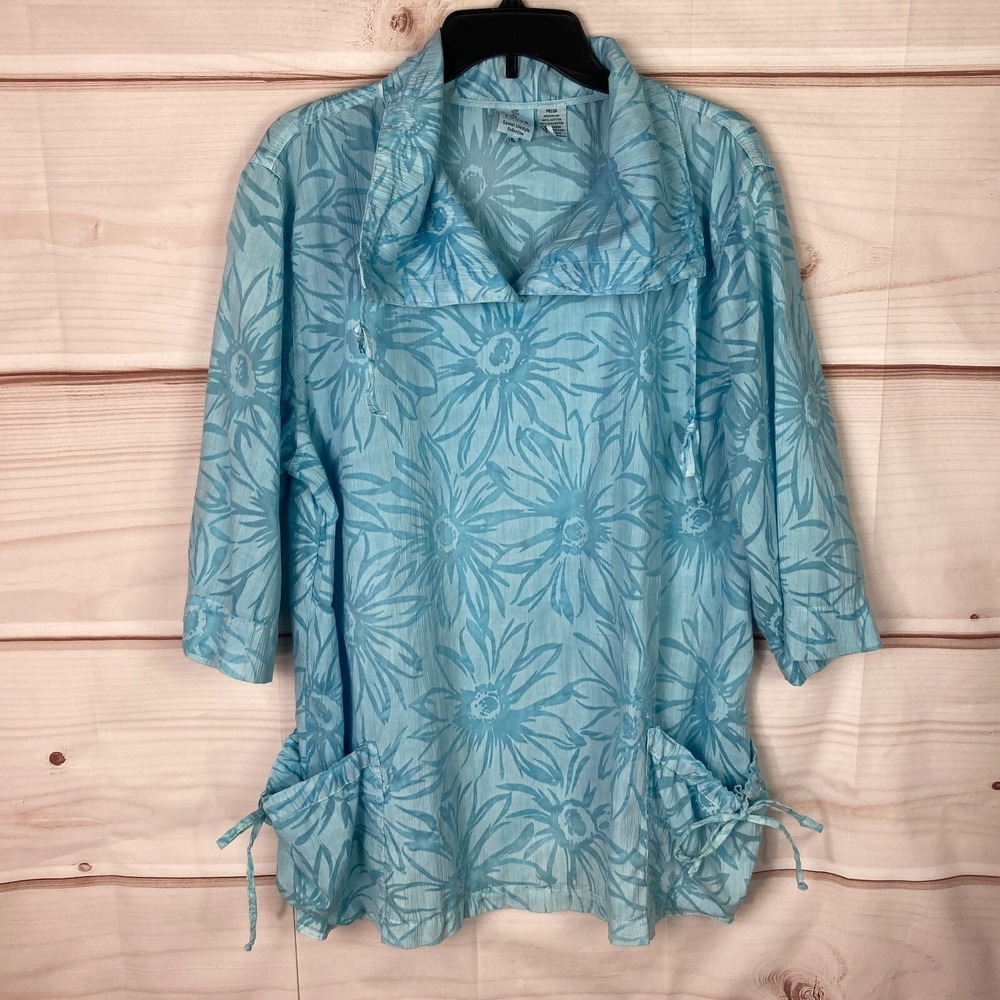 Focus Casual Lifestyle Top Womens XL Blue Floral Tunic 3/4 Sleeve Collar Pockets